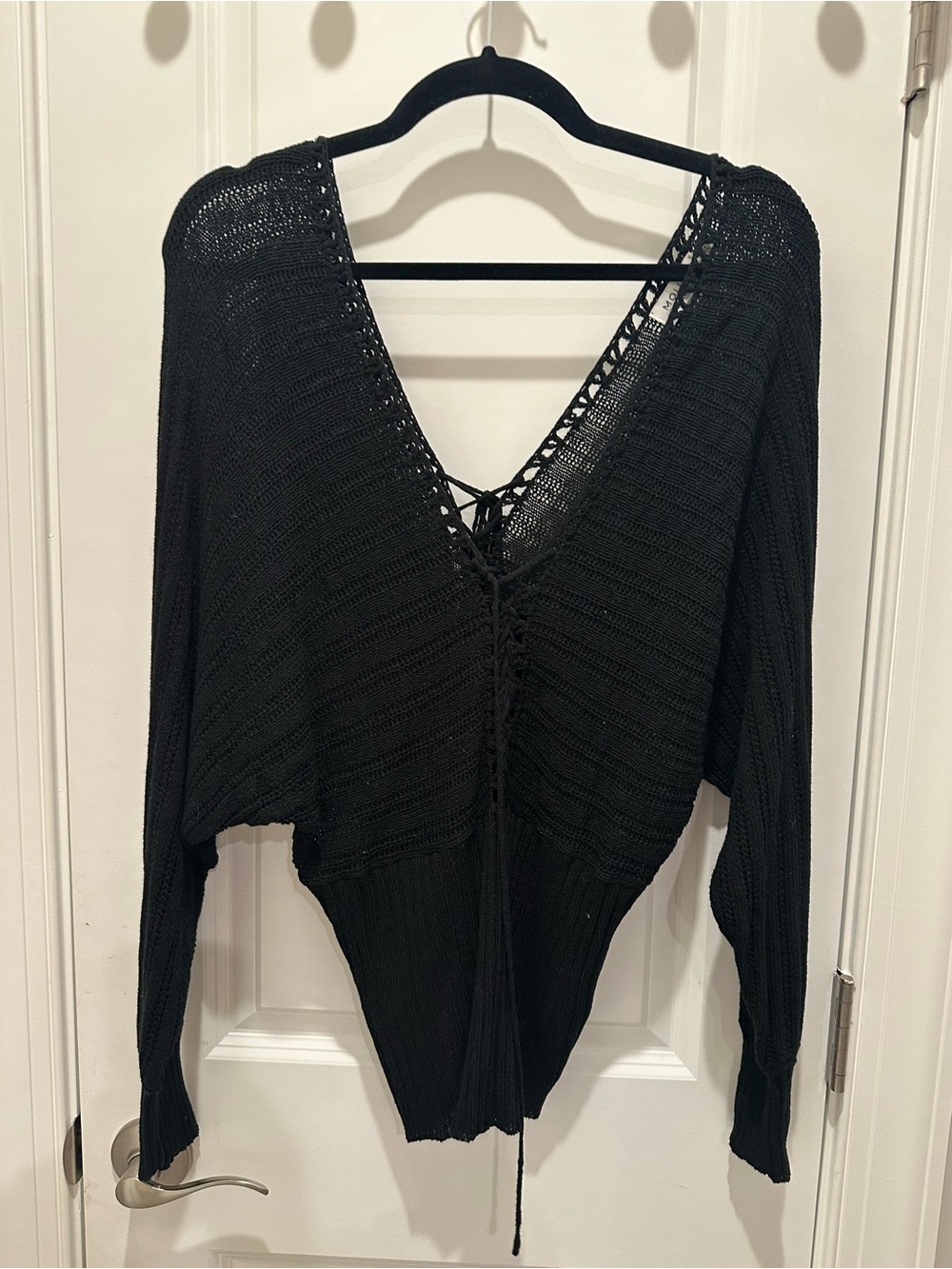Molly Bracken Black V-Neck Lace-Up Knit Top